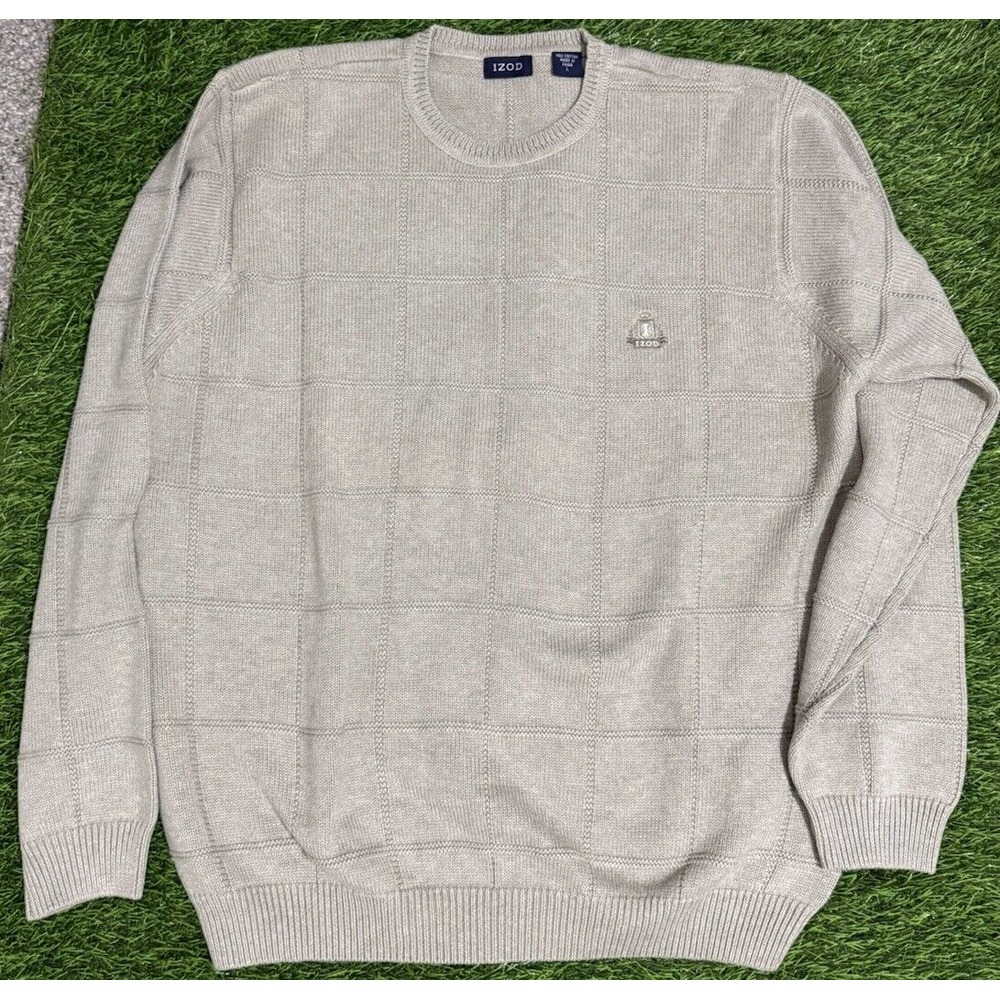 IZOD Sweater Mens L Beige  Check Knit 100% Cotton Long Sleeve Crew Neck Pullover
